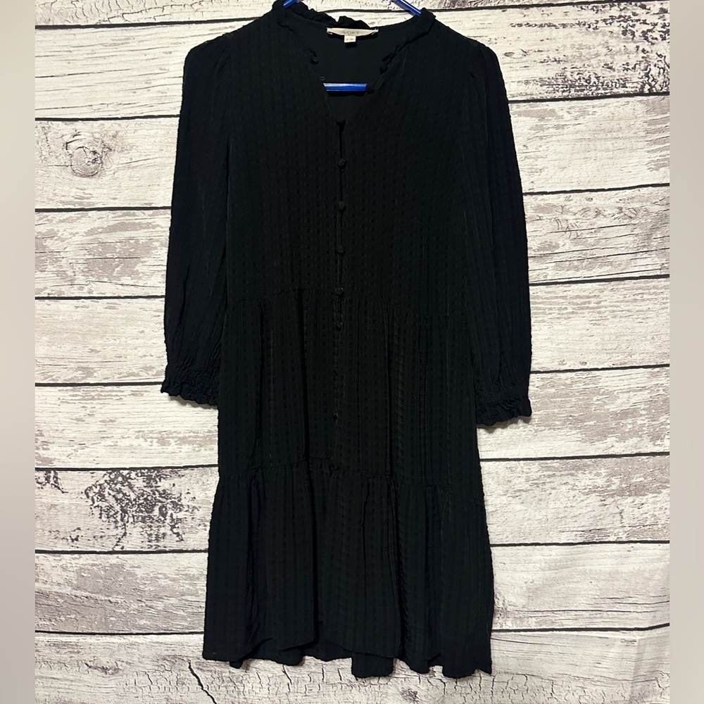 LOFT Petite Small Black Tiered Button Front Dress SP